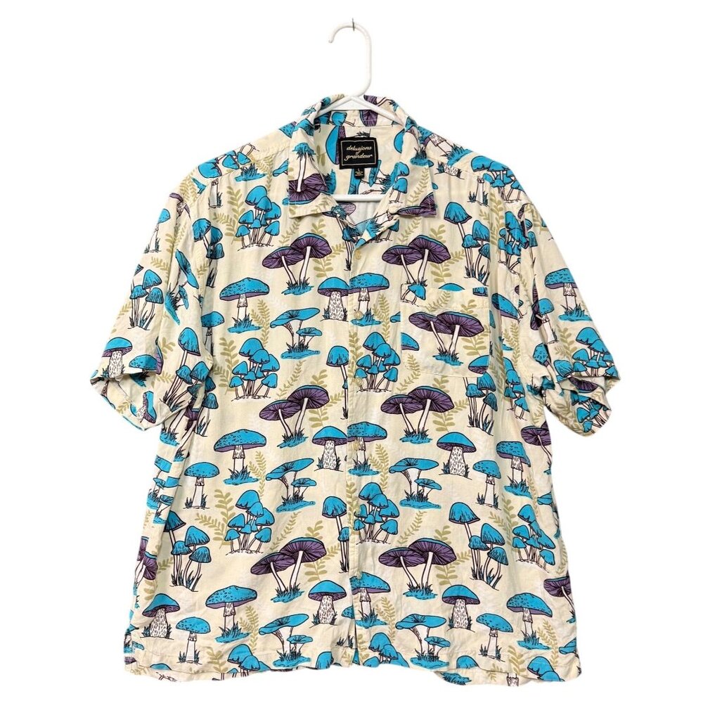 Delusions of Grandeur Men's Button Down Shirt L Beige Blue Mushroom Short Sleeve